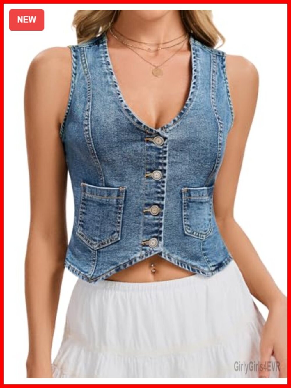 Cropped Denim Vest V-Neck Button Down Sleeveless Jean Top
